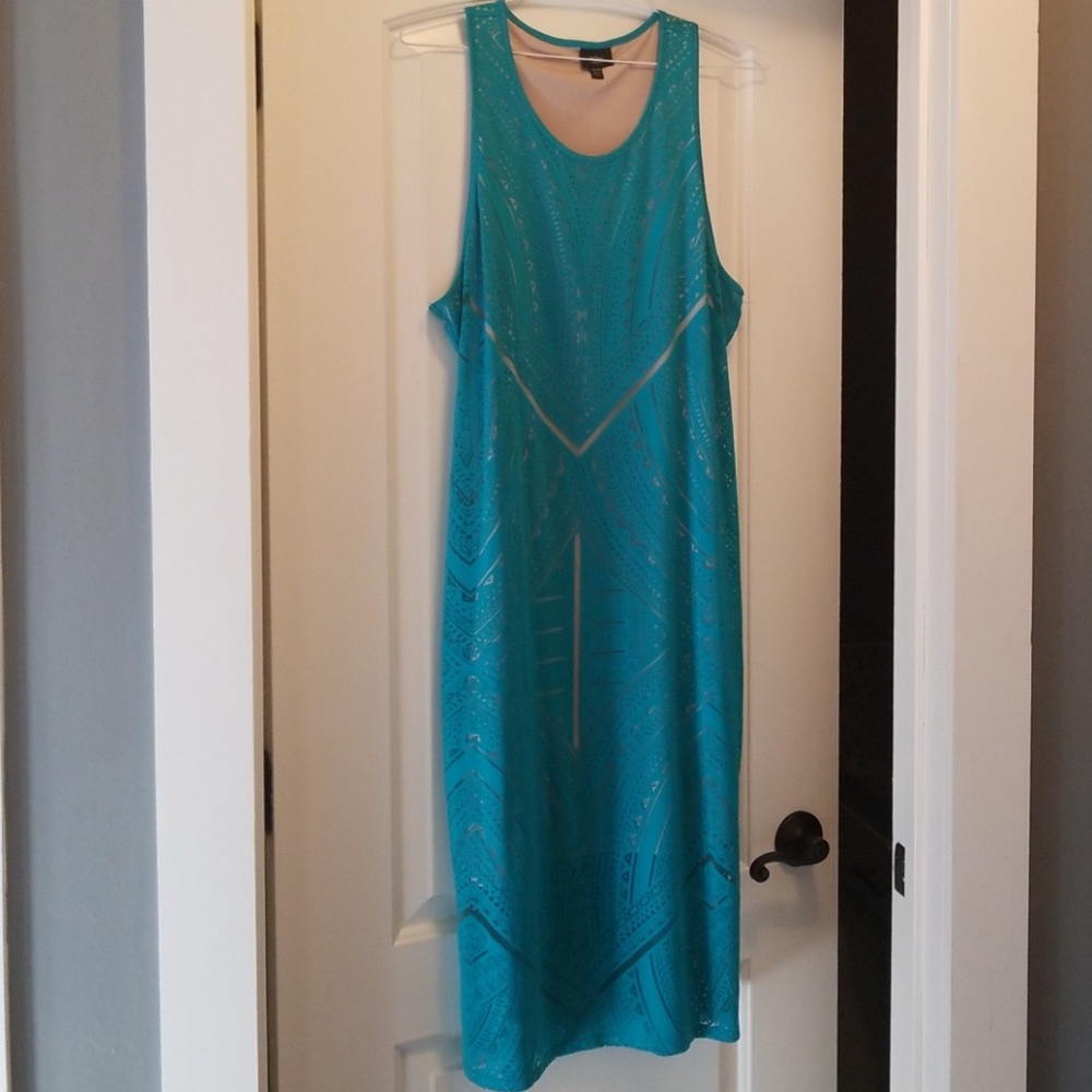 Turquoise laser cut midi bodycon dress